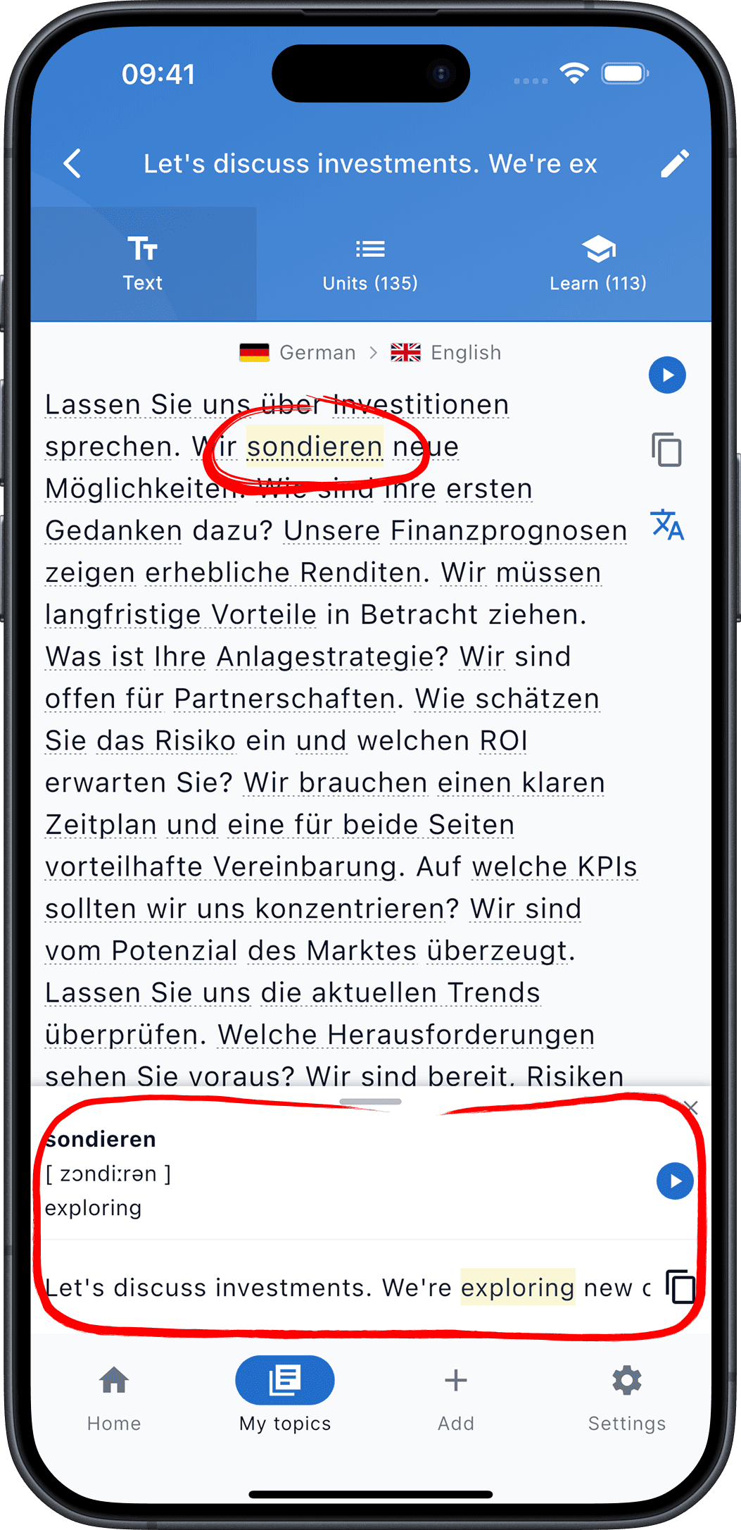 Explore phrases in the text, with translation and transcription